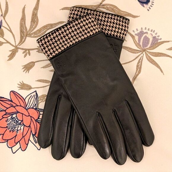 Lauren Ralph Lauren XL Green Label Genuine Leather Houndstooth Gloves - Picture 1 of 4